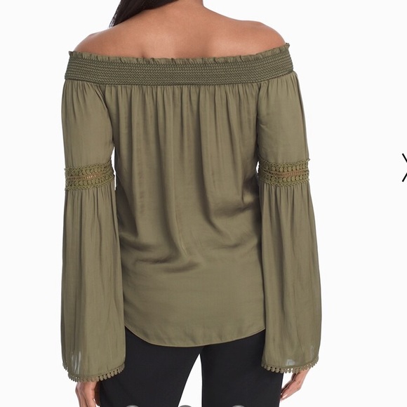 WHBM Olive Green Off-The-Shoulder Lace Trim Blouse Small - Picture 2 of 10